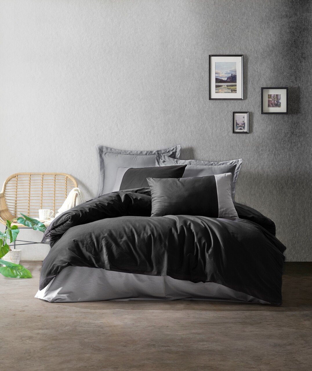 Lenjerie de pat dubla, 4 piese, 200x220 cm, 100% bumbac ranforce, Cotton Box, Plain, negru/gri - imagine 6